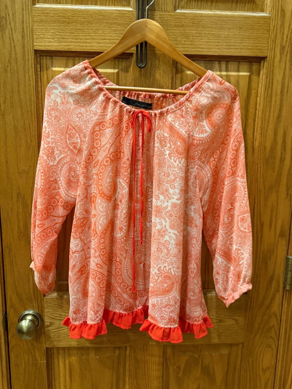 Patterson J Kincaid Red Silk Paisley Blouse with Ruffle Hem, SZ L